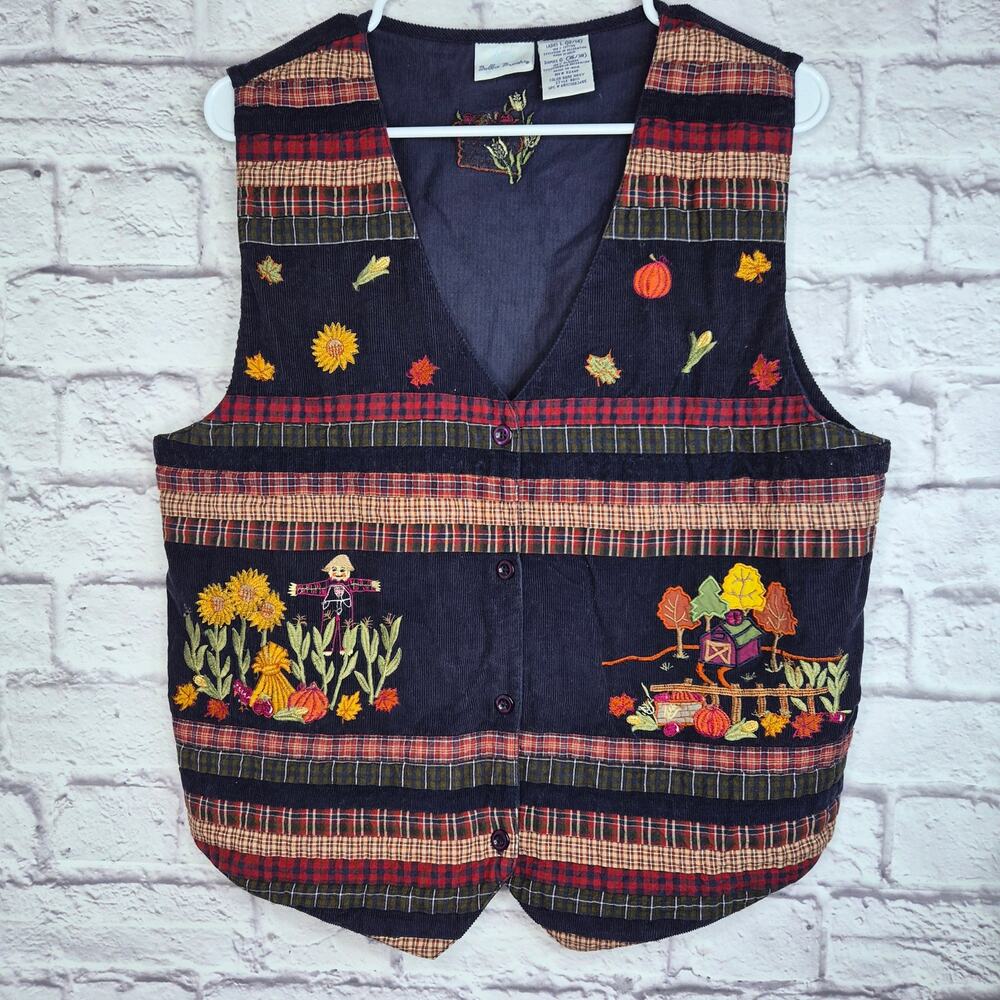 Vintage Bobbie Brooks Fall Corduroy Vest Embroidered Scarecrow Barn Patchwork L